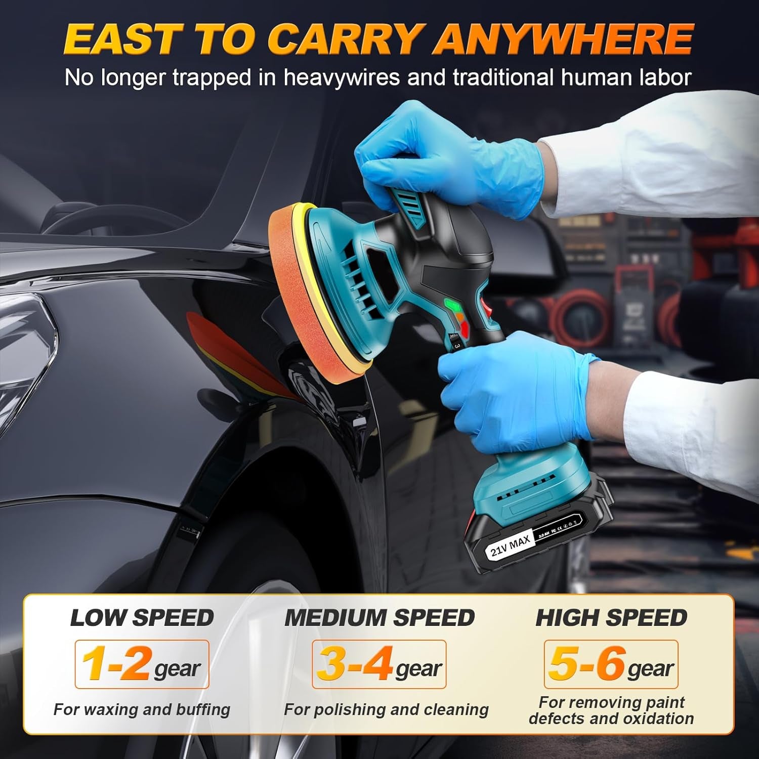 Cordless Car Polisher 6"(150Mm Dual Action Buffer Machine with 2×21V 2000Mah Batteries, 13Pcs Car Polishing Kit, 6 Variable Speeds 5500RPM, Car Buffer Polisher for Waxing, Detailing & Scratch Removal