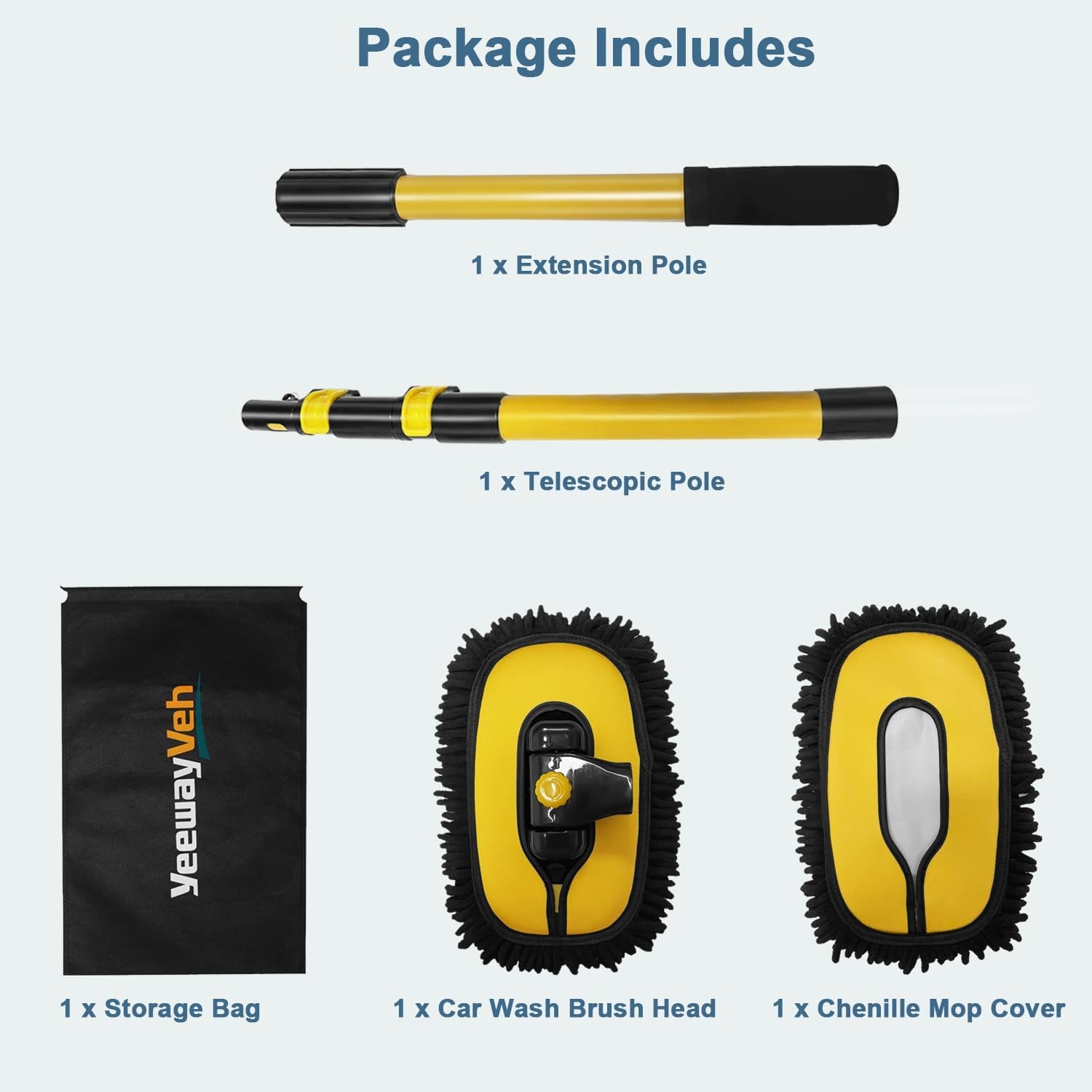 Car Wash Brush Mop, 140Cm 55" Long Handle, 15° Curved, Yellow