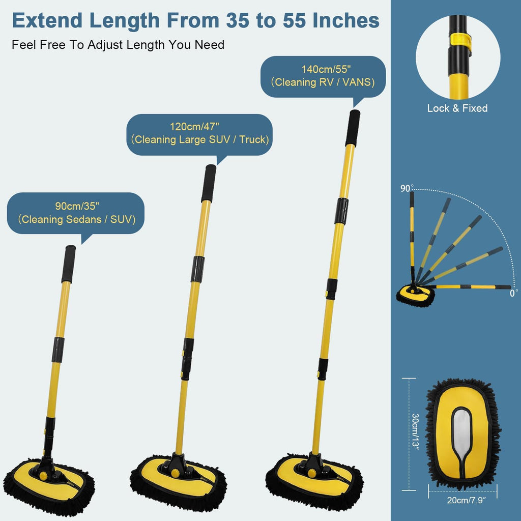 Car Wash Brush Mop, 140Cm 55" Long Handle, 15° Curved, Yellow