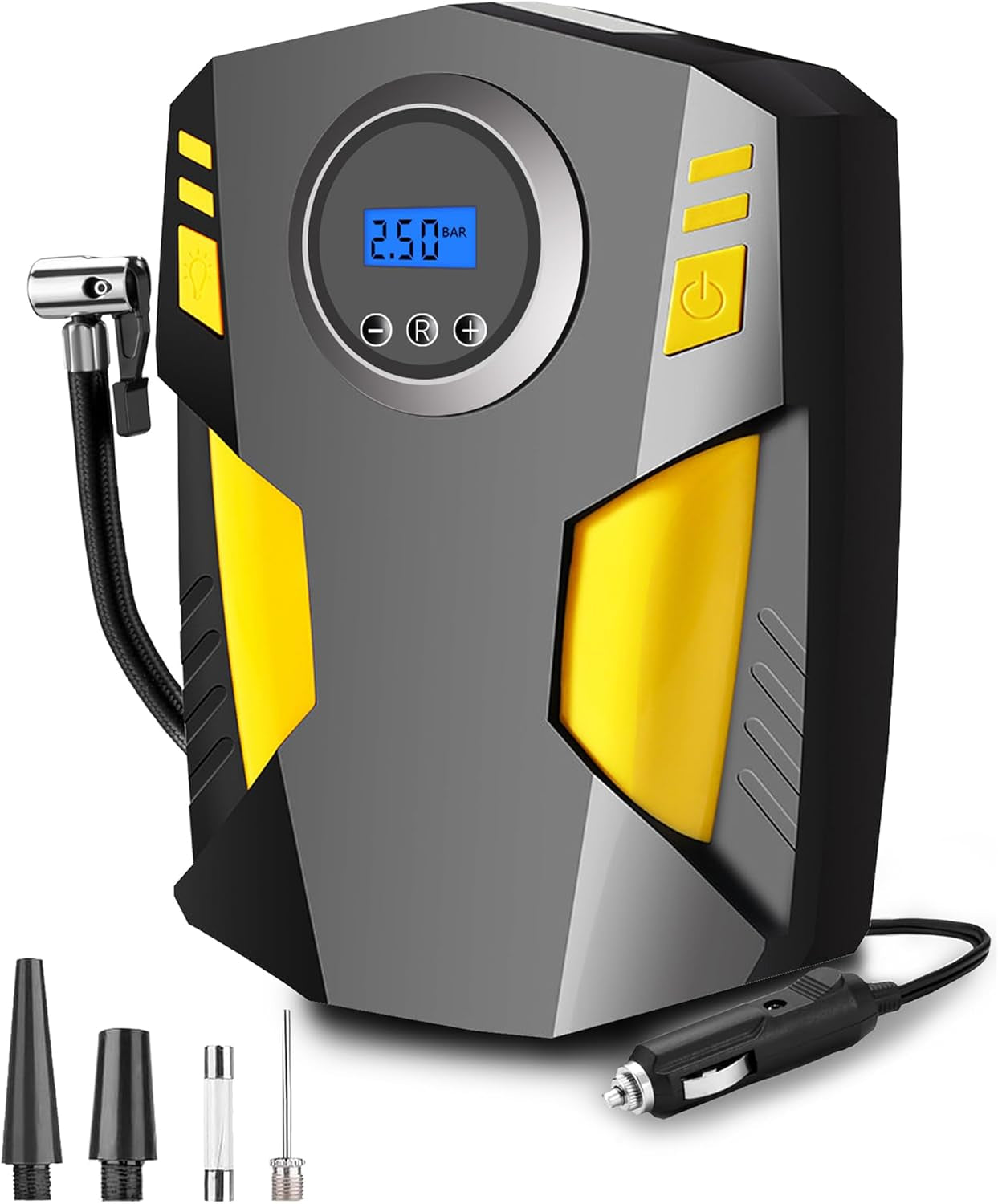 Digital Tyre Inflator,Tyre Inflator Portable Air Compressor Car Tyre Pump with 3 Nozzle Adaptors and Digital Led Light,12V Rapid Tyre Inflator Air Compressor for Car Tires and Other Inflatables