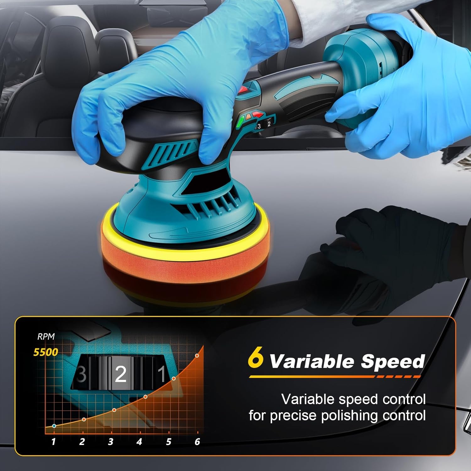 Cordless Car Polisher 6"(150Mm Dual Action Buffer Machine with 2×21V 2000Mah Batteries, 13Pcs Car Polishing Kit, 6 Variable Speeds 5500RPM, Car Buffer Polisher for Waxing, Detailing & Scratch Removal