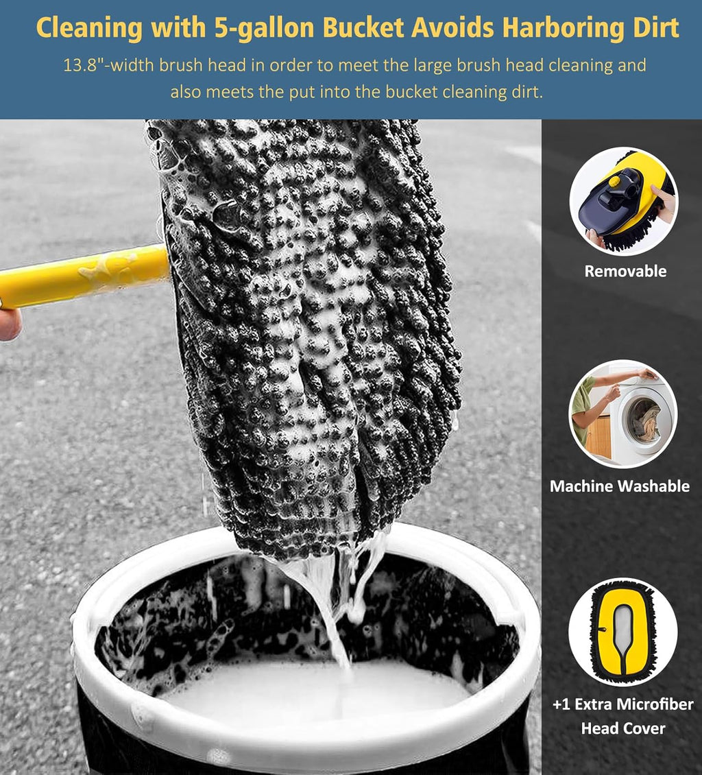 Car Wash Brush Mop, 140Cm 55" Long Handle, 15° Curved, Yellow