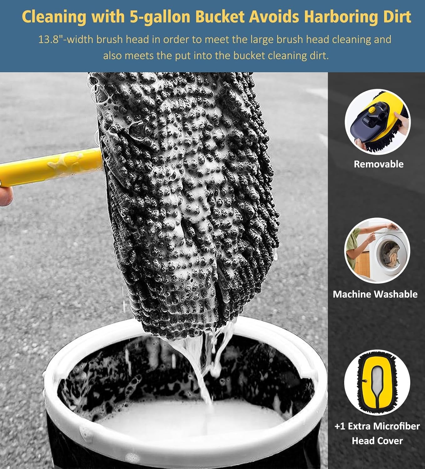 Car Wash Brush Mop, 140Cm 55" Long Handle, 15° Curved, Yellow