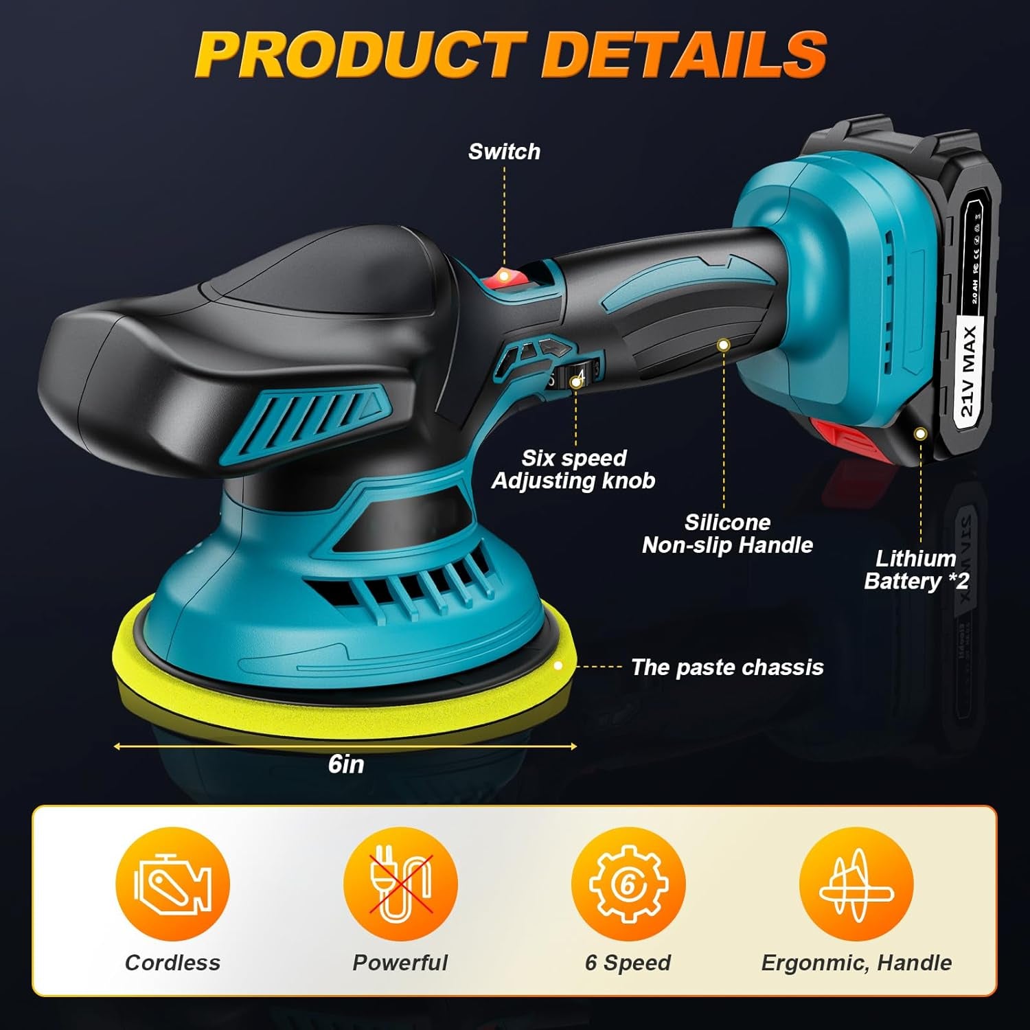 Cordless Car Polisher 6"(150Mm Dual Action Buffer Machine with 2×21V 2000Mah Batteries, 13Pcs Car Polishing Kit, 6 Variable Speeds 5500RPM, Car Buffer Polisher for Waxing, Detailing & Scratch Removal